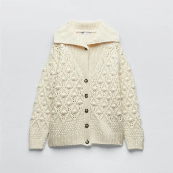Zara Pompom Knit Cardigan Jacket Bloggers Favourite Cream Ecru Size Small - Picture 2 of 10